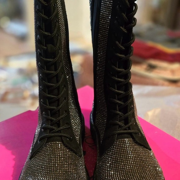 Torrid x Betsey Johnson Black Rhinestone Lace-Up Women's Combat Boots - Picture 2 of 5